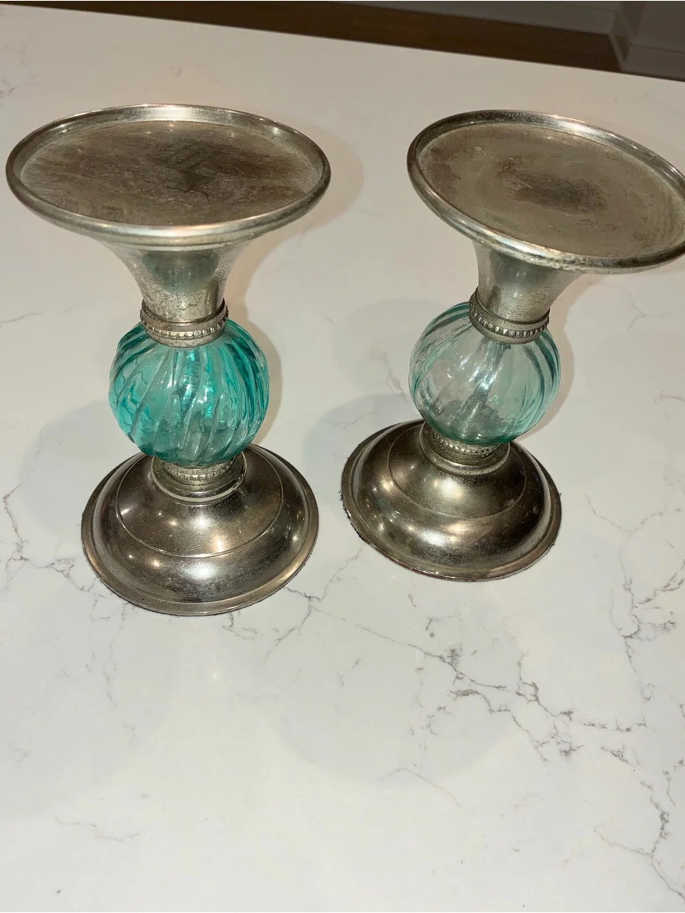 Vintage Silver Plated Pillar Candle Holders Set - Swirled Turquoise Blue Glass